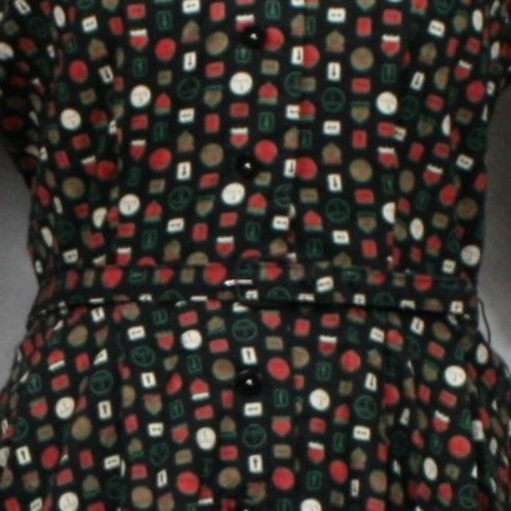 Vintage 50's Susan Ross Black Cotton Road Sign Midi Dress w/ Belt SZ S EUC - Picture 6 of 8
